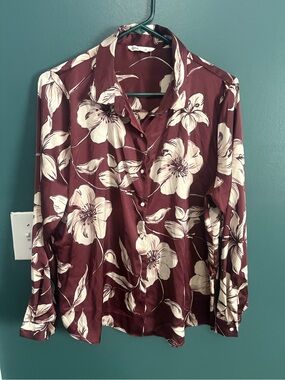 Floral Button-Up Shirt - Burgundy and Cream